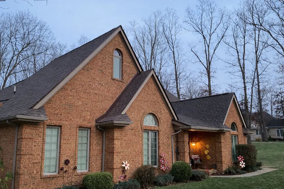 Dark shingle roof on brick home with gables in West Virginia